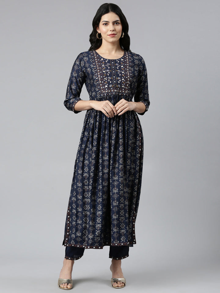 Neerus Blue printed Nyra cut kurta set - front view