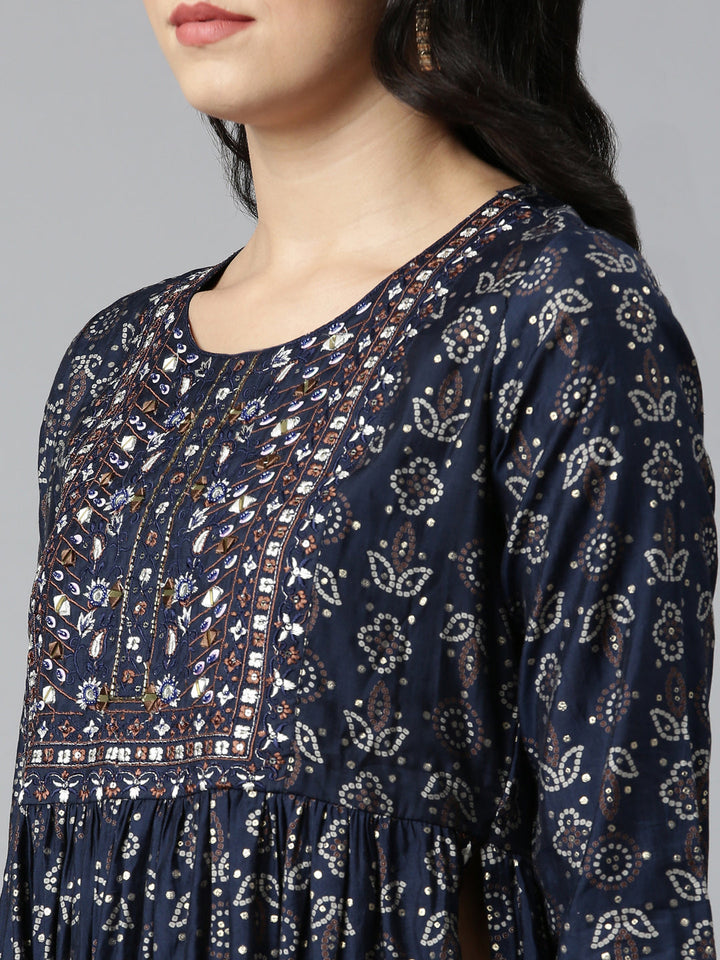 Neerus Blue printed Nyra cut kurta set - detail view 1
