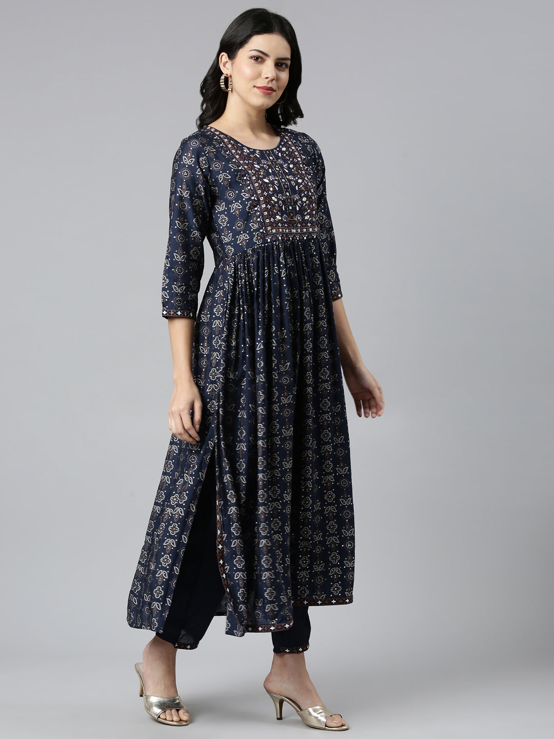 Neerus Blue printed Nyra cut kurta set - back view