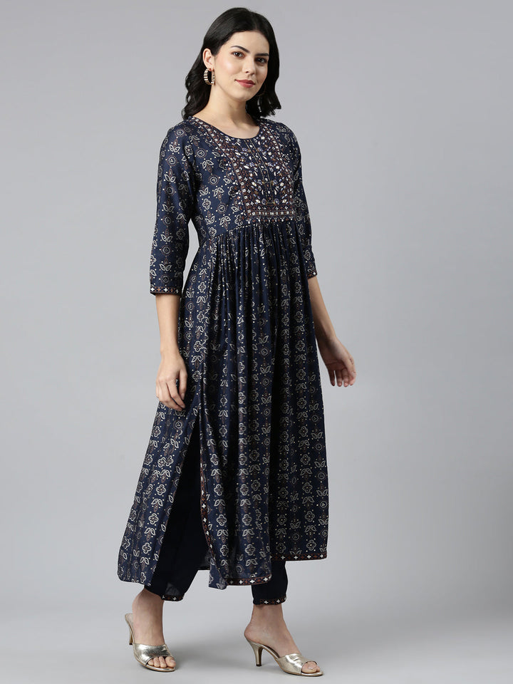 Neerus Blue printed Nyra cut kurta set - back view