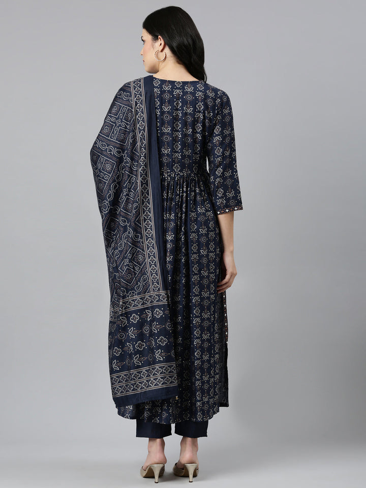Neerus Blue printed Nyra cut kurta set - side view