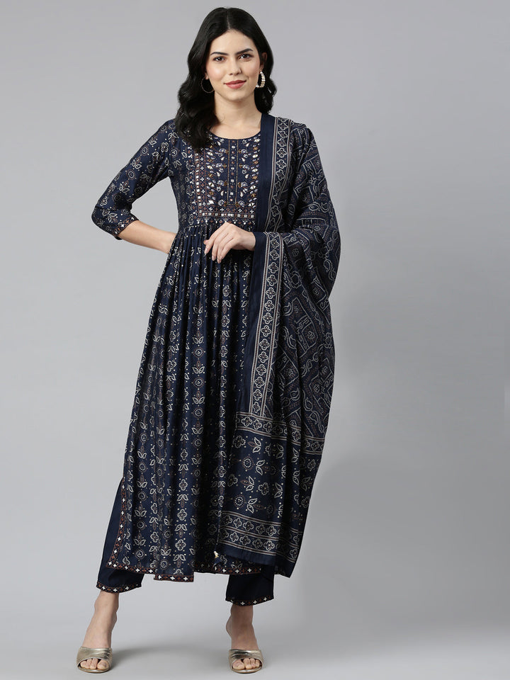 Neerus Blue printed Nyra cut kurta set - detail view 2