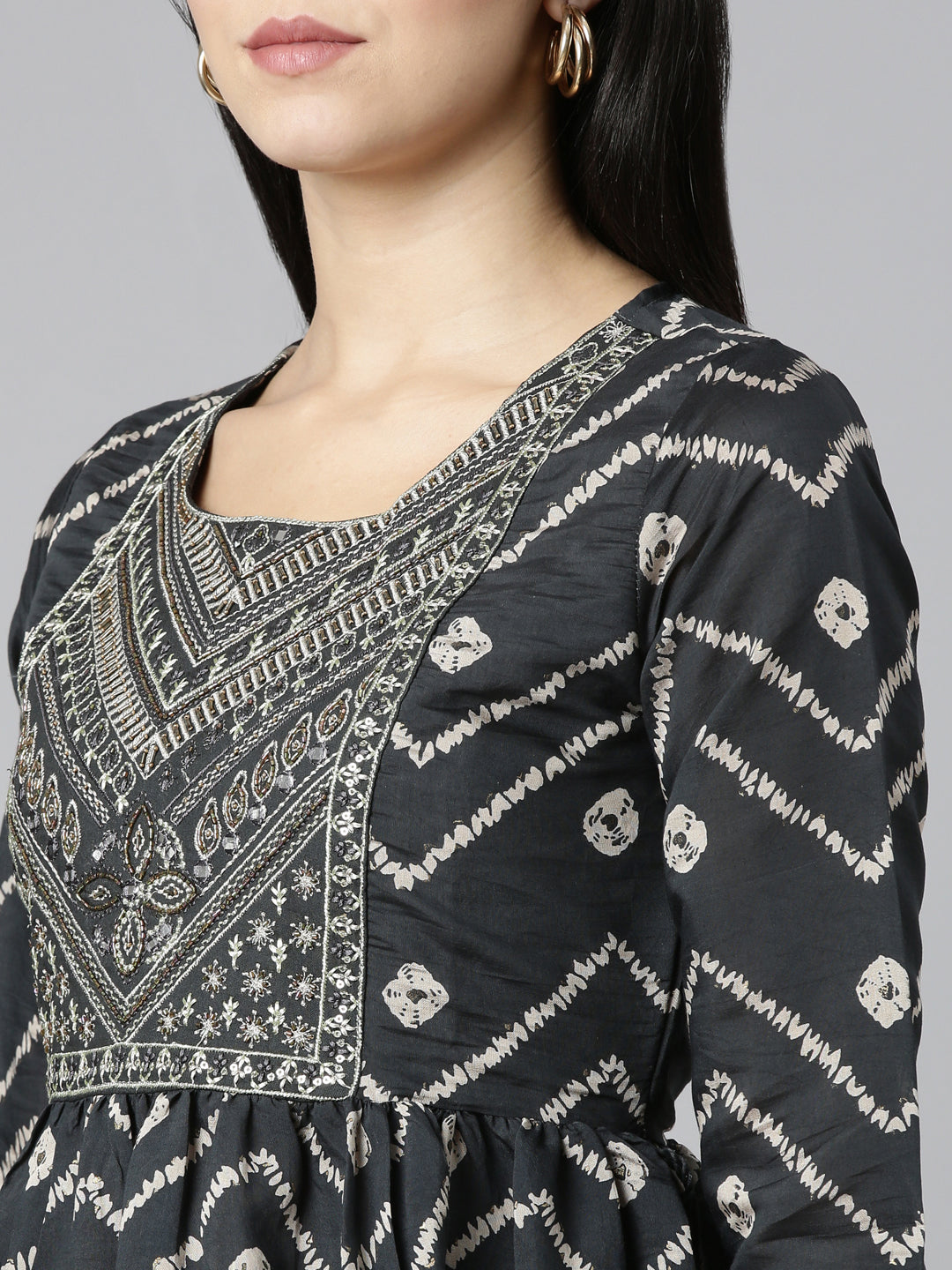 Neerus Grey printed Nyra cut kurta set - detail view 1
