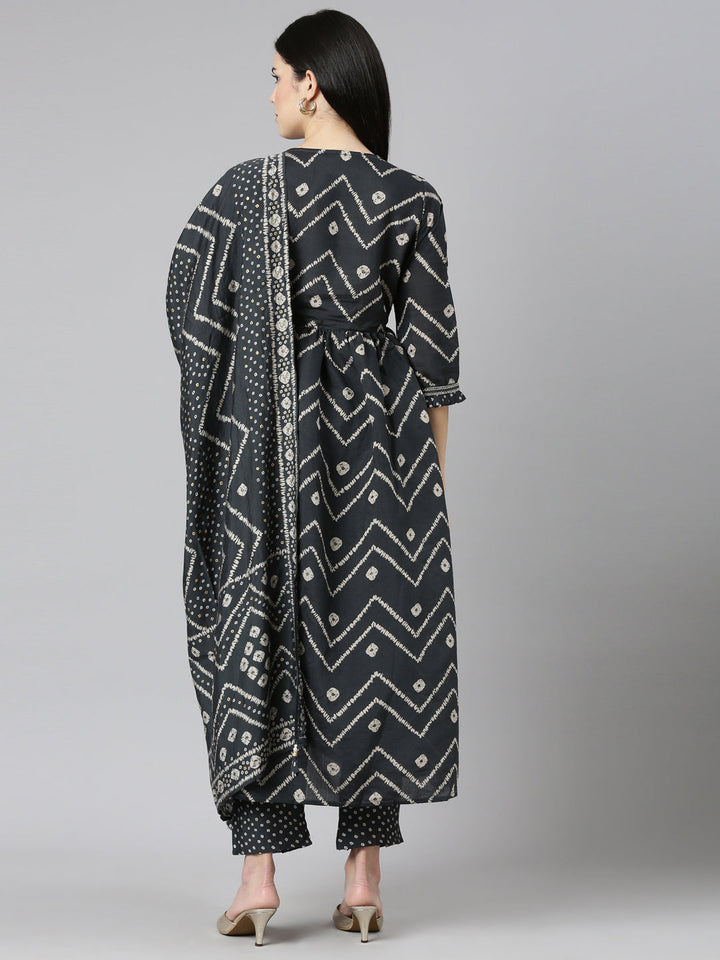 Neerus Grey printed Nyra cut kurta set - side view