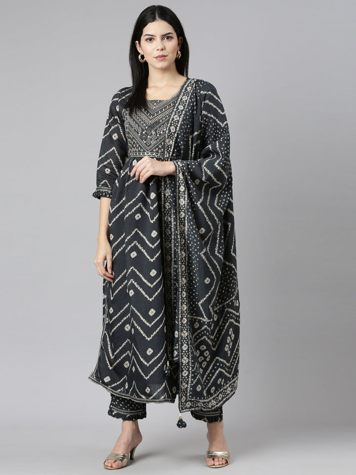 Neerus Grey printed Nyra cut kurta set - detail view 2