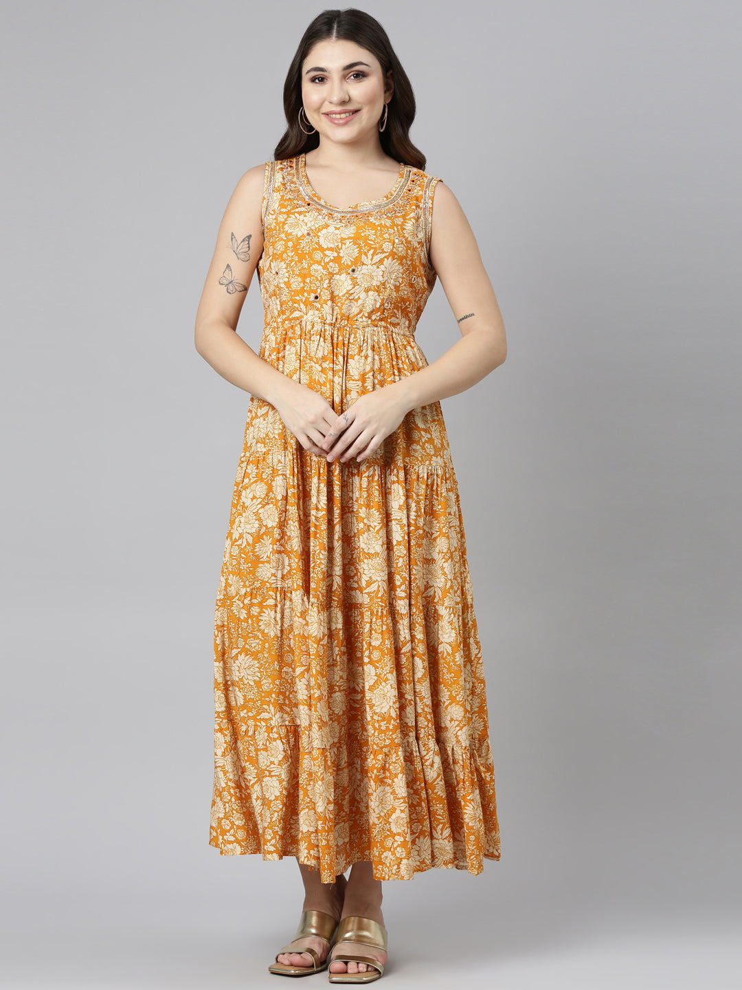 Neerus Gold printed straight casual dress - front view