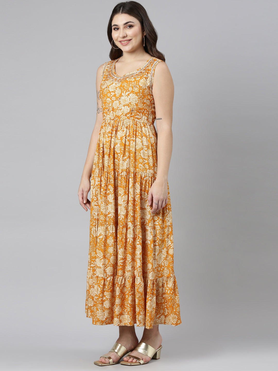Neerus Gold printed straight casual dress - back view