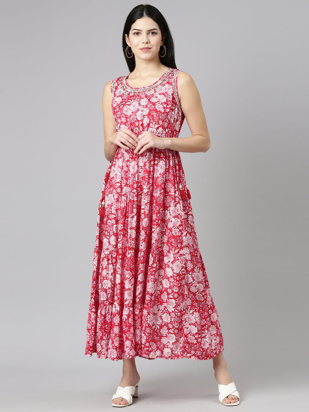 Neerus Pink printed straight gown - front view