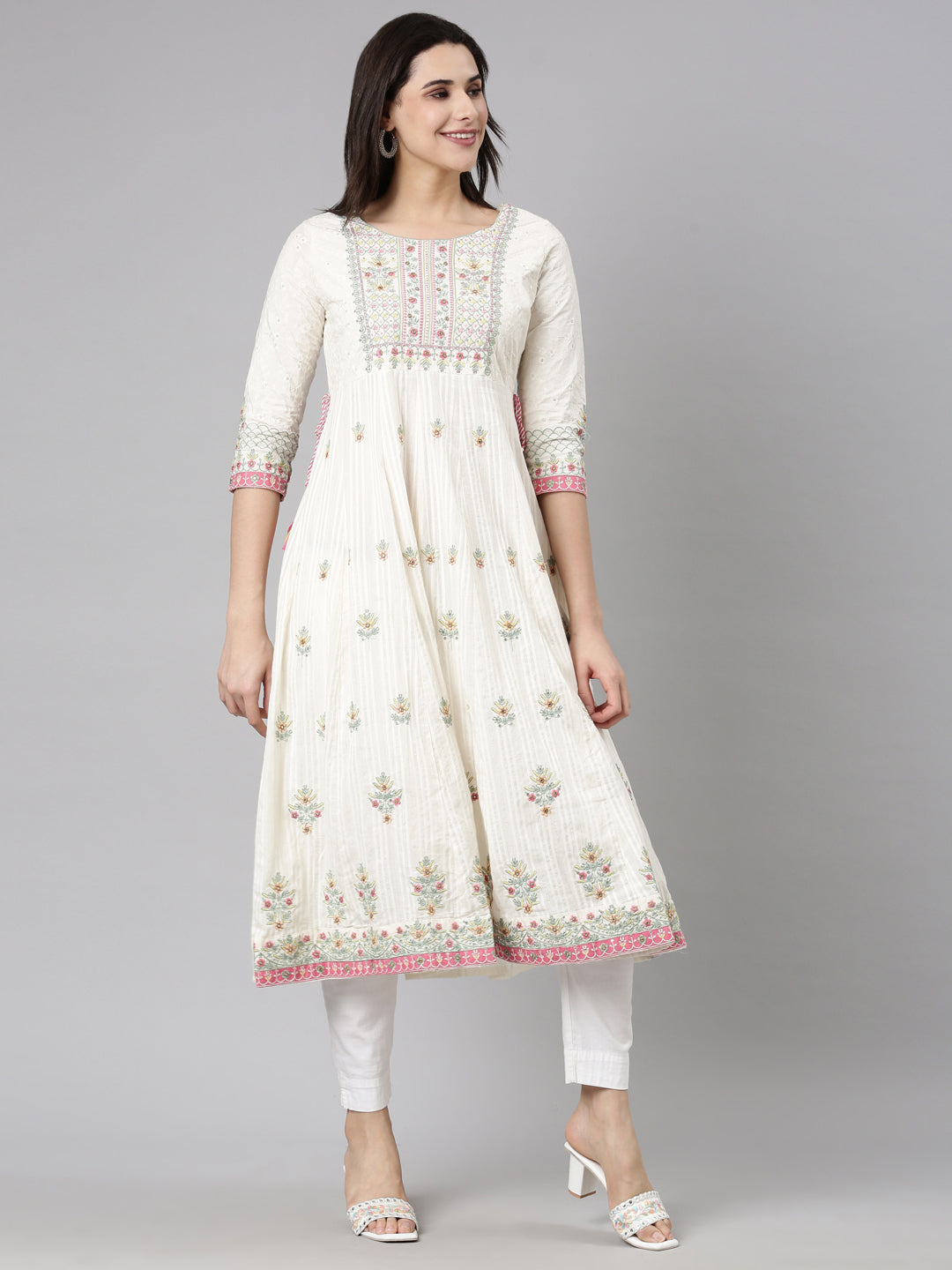 Neerus White Chikankari Floral Suit Set - back view