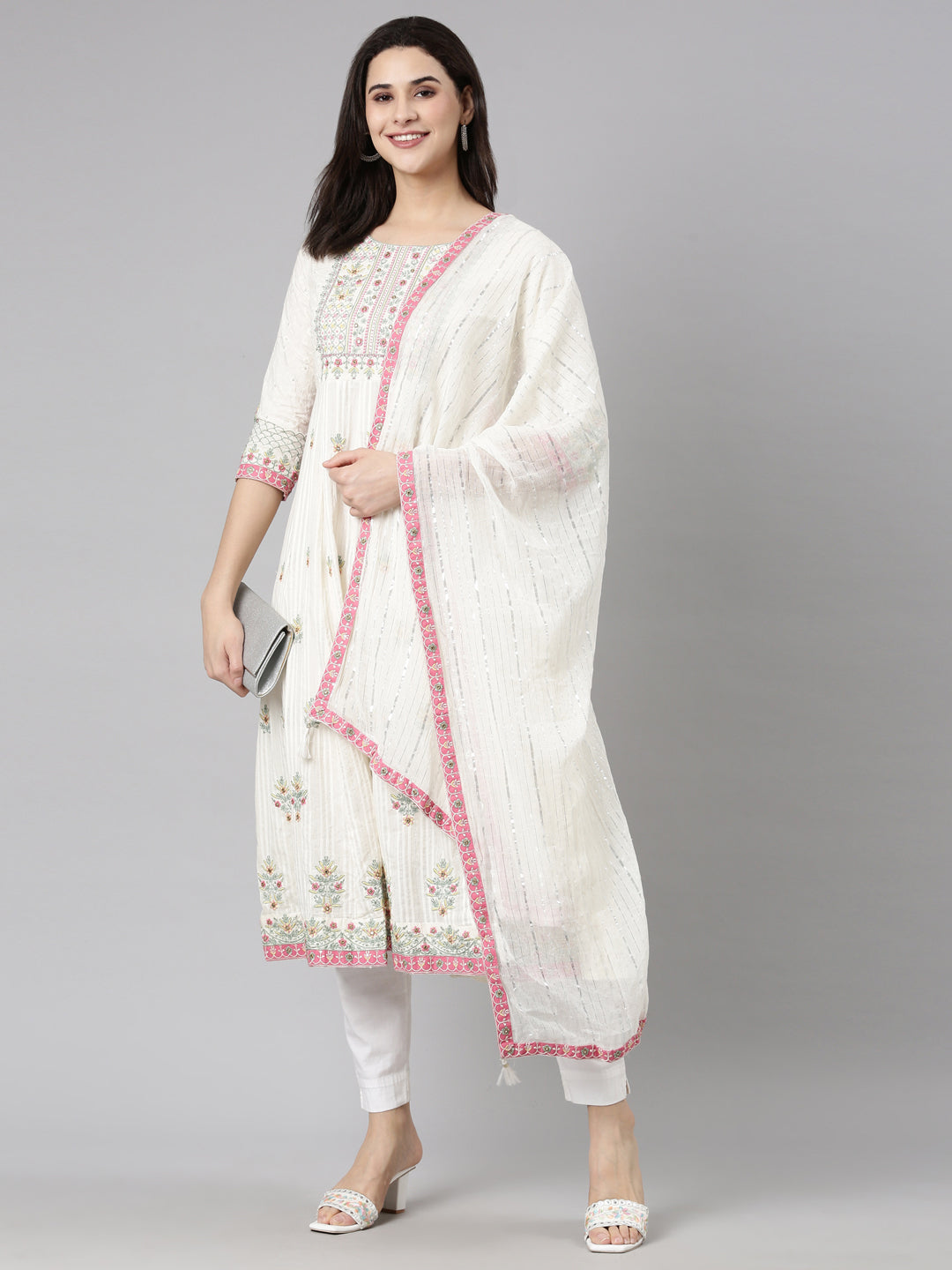 Neerus White Chikankari Floral Suit Set - detail view 2