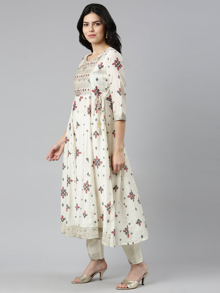 Neerus White printed straight kurta set with dupatta - back view