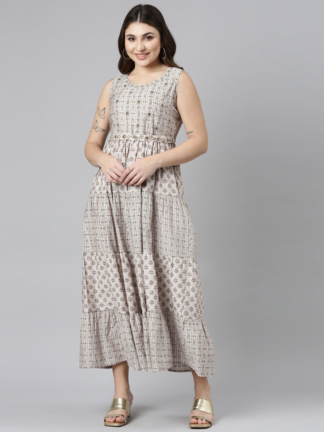 Neerus Gold printed straight dress - front view