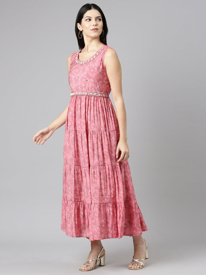 Neerus Pink printed straight gown - back view