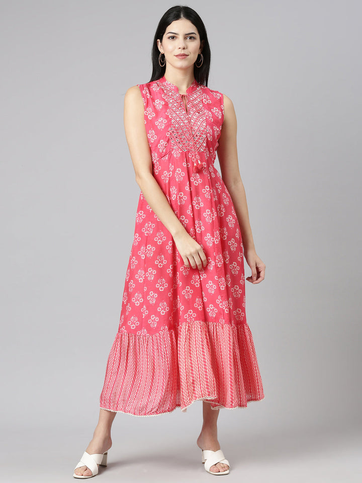Neerus Pink muslin printed straight dress - front view