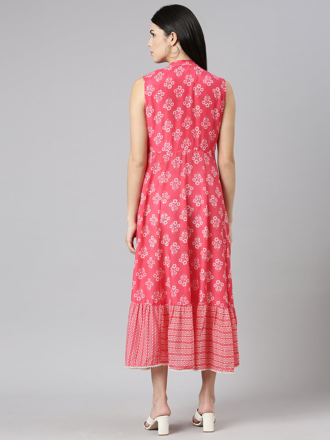 Neerus Pink muslin printed straight dress - side view