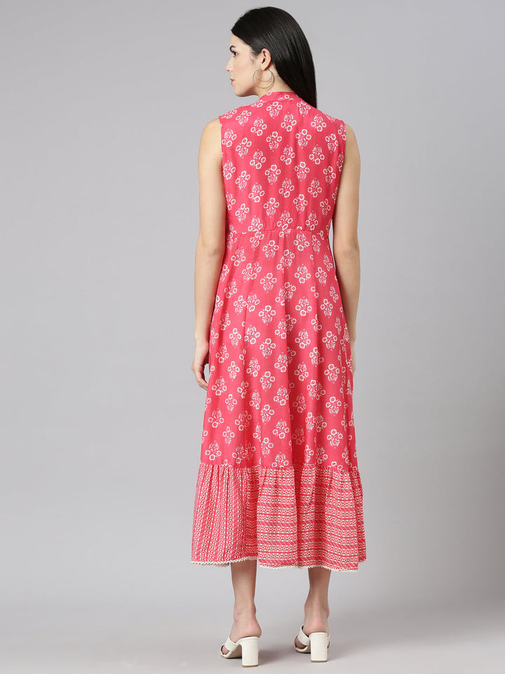 Neerus Pink muslin printed straight dress - side view