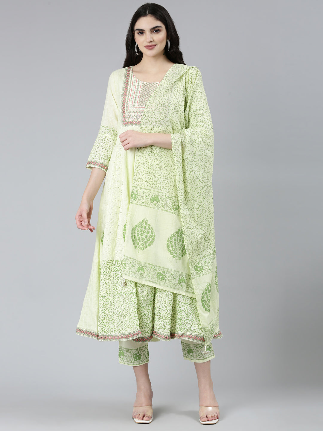Neerus Green cotton printed kurta set with trouser and dupatta - front view