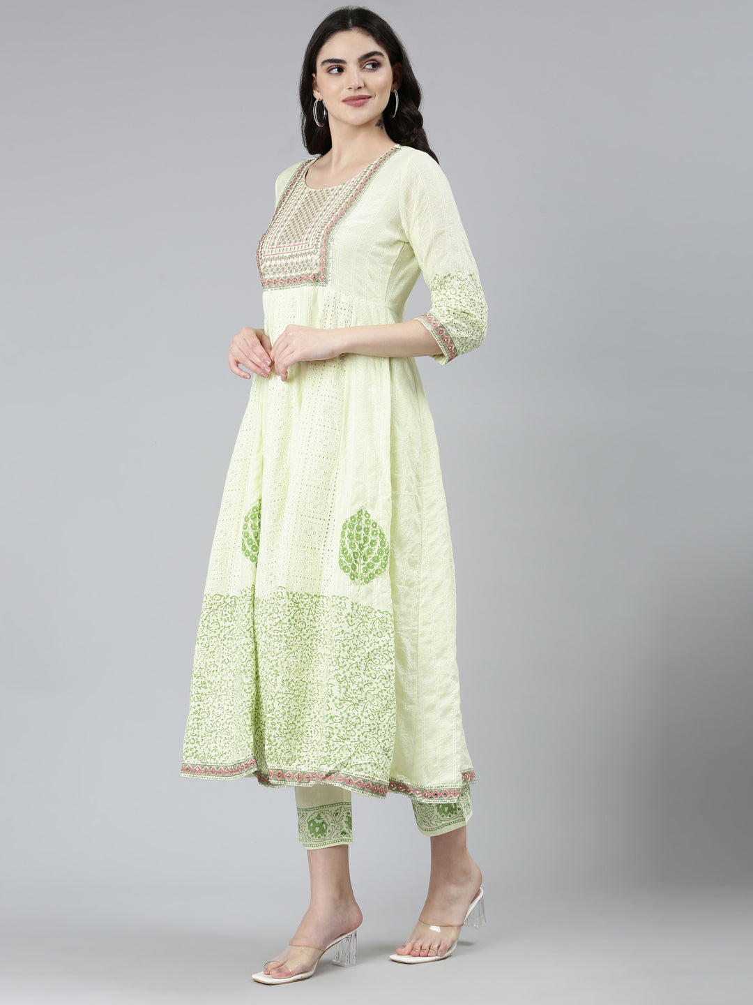 Neerus Green cotton printed kurta set with trouser and dupatta - back view