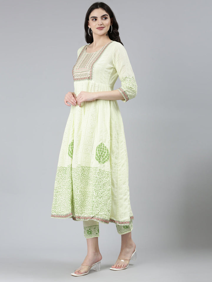 Neerus Green cotton printed kurta set with trouser and dupatta - back view