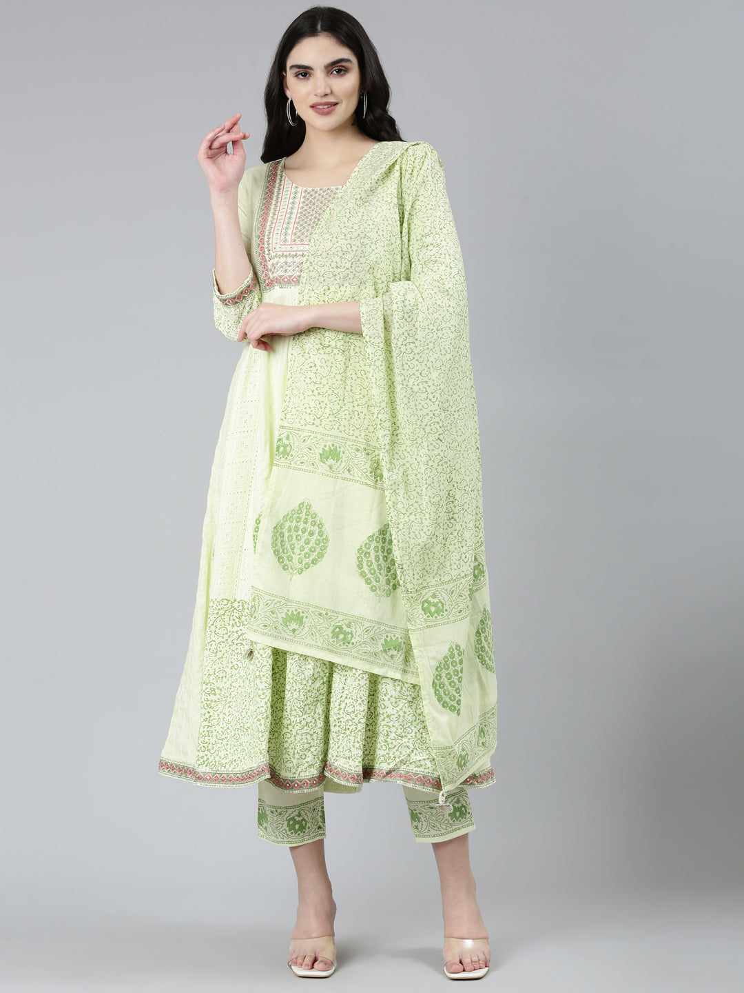 Neerus Green cotton printed kurta set with trouser and dupatta - detail view 2