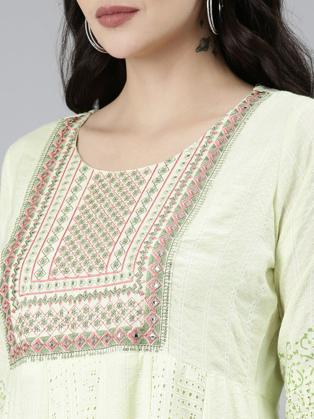 Neerus Green cotton printed kurta set with trouser and dupatta - detail view 1