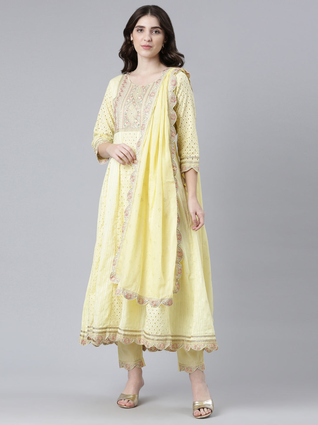 Neerus Yellow georgette printed kurta set with trousers and dupatta - front view