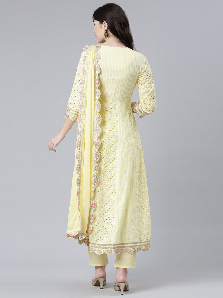 Neerus Yellow georgette printed kurta set with trousers and dupatta - side view