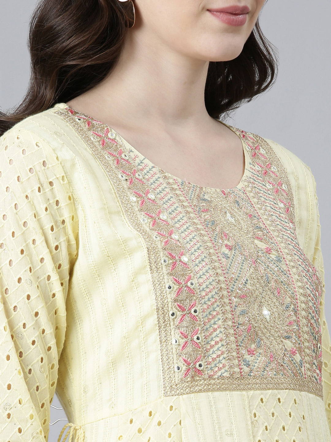 Neerus Yellow georgette printed kurta set with trousers and dupatta - detail view 1