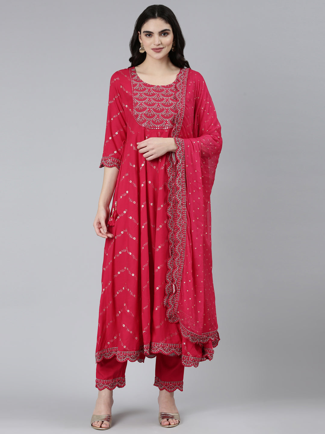 Neerus Pink printed floral kurta set with trouser and dupatta - front view