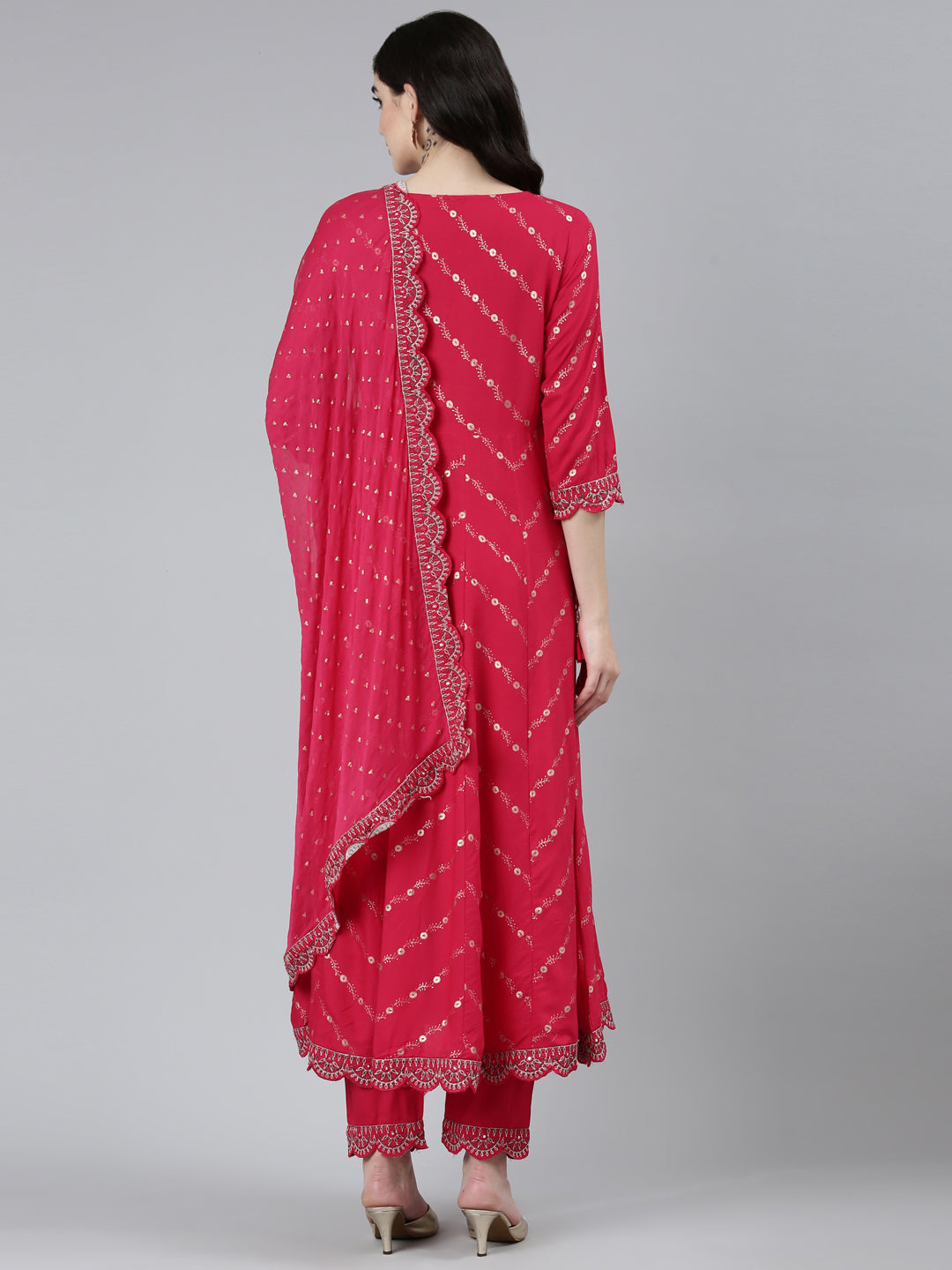 Neerus Pink printed floral kurta set with trouser and dupatta - side view