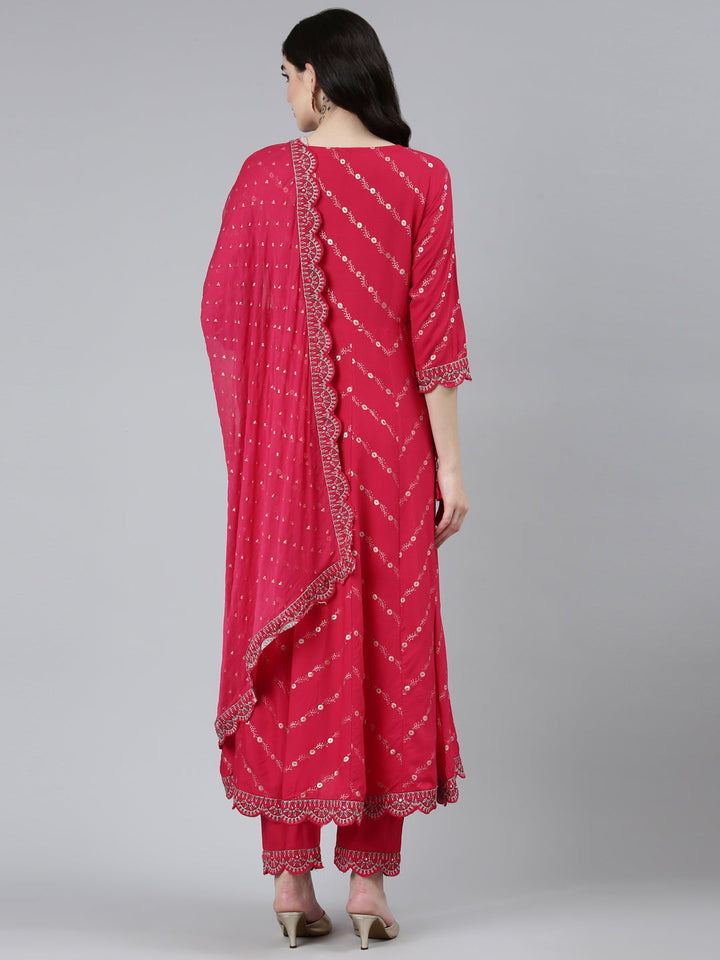 Neerus Pink printed floral kurta set with trouser and dupatta - side view