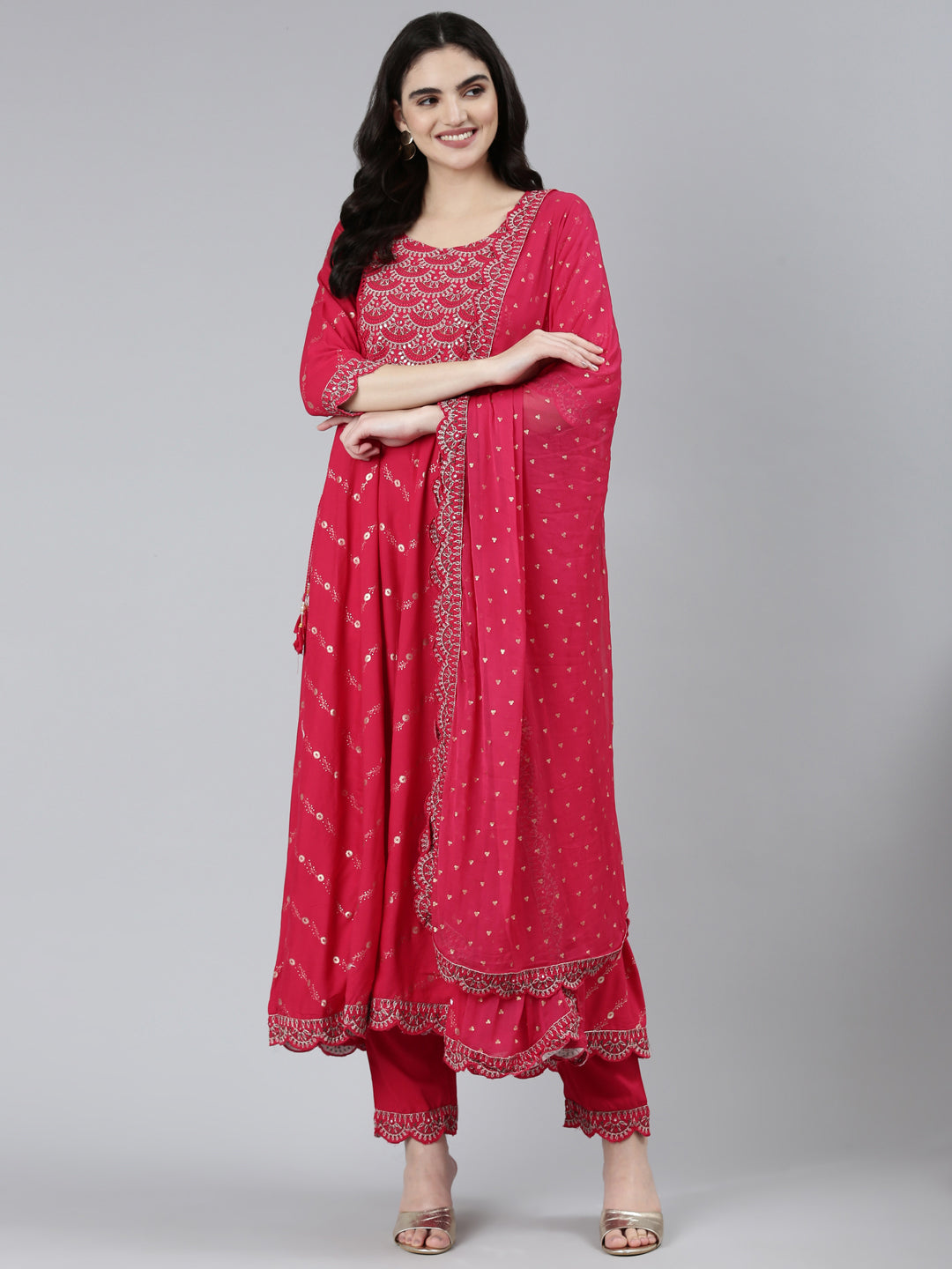 Neerus Pink printed floral kurta set with trouser and dupatta - detail view 2
