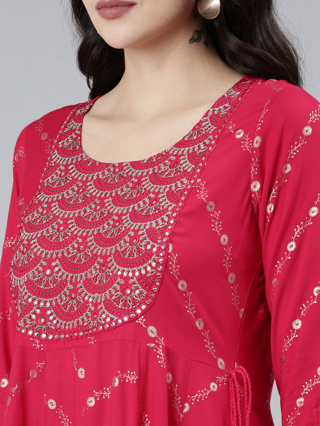 Neerus Pink printed floral kurta set with trouser and dupatta - detail view 1
