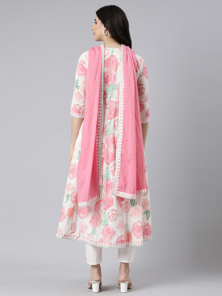 Neerus White cotton printed straight suit set - side view