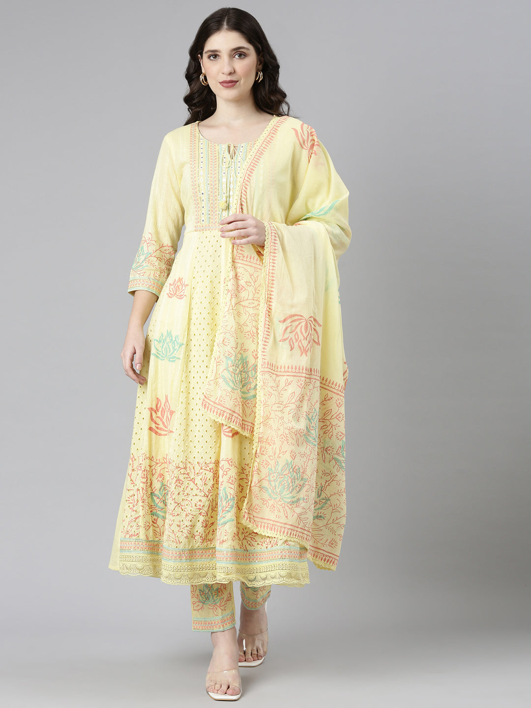 Neerus Yellow printed straight kurta set with dupatta - front view