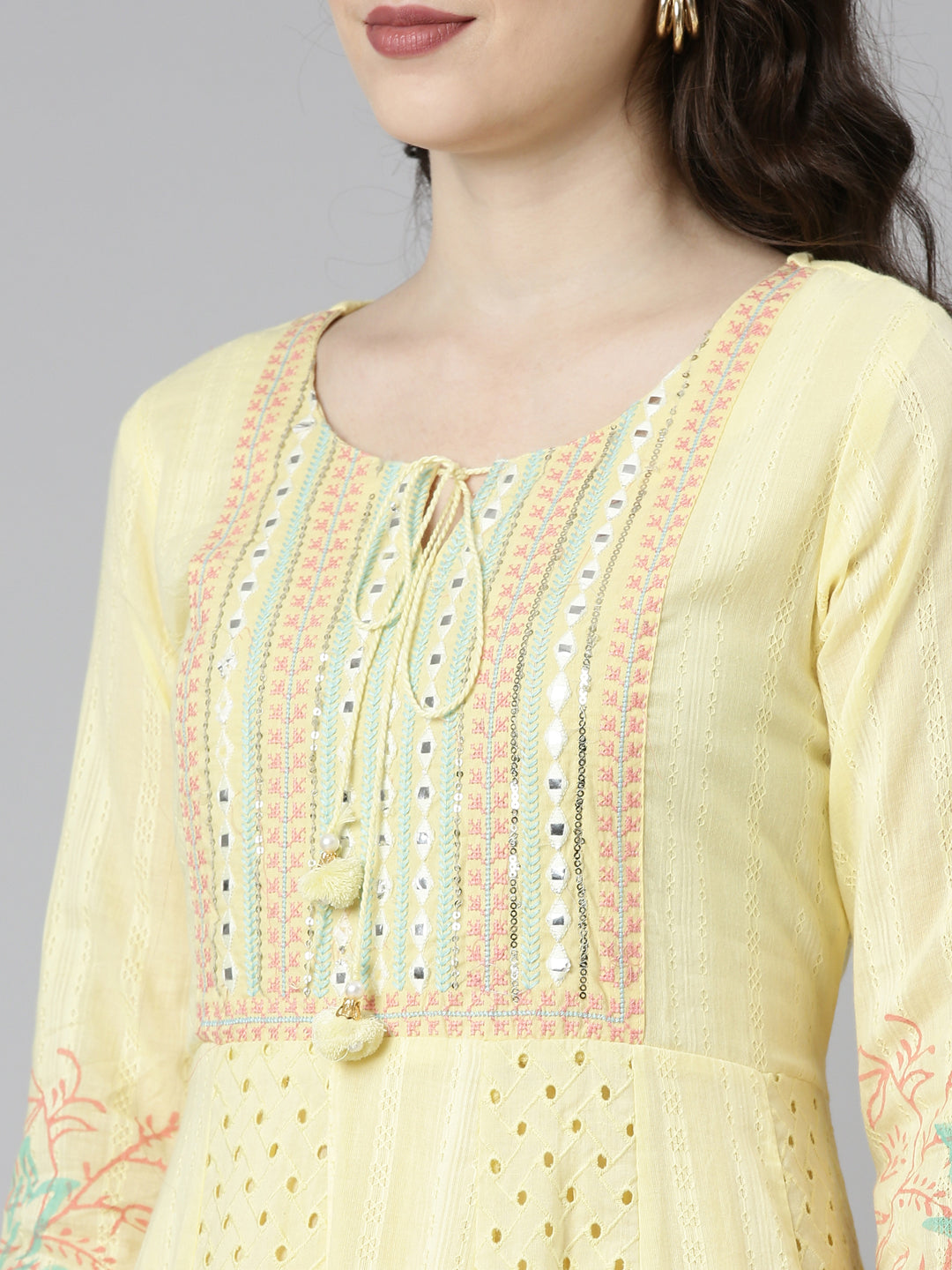 Neerus Yellow printed straight kurta set with dupatta - detail view 1