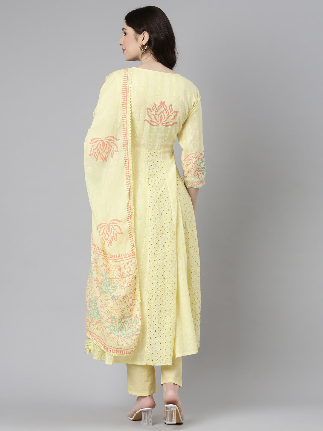 Neerus Yellow printed straight kurta set with dupatta - side view