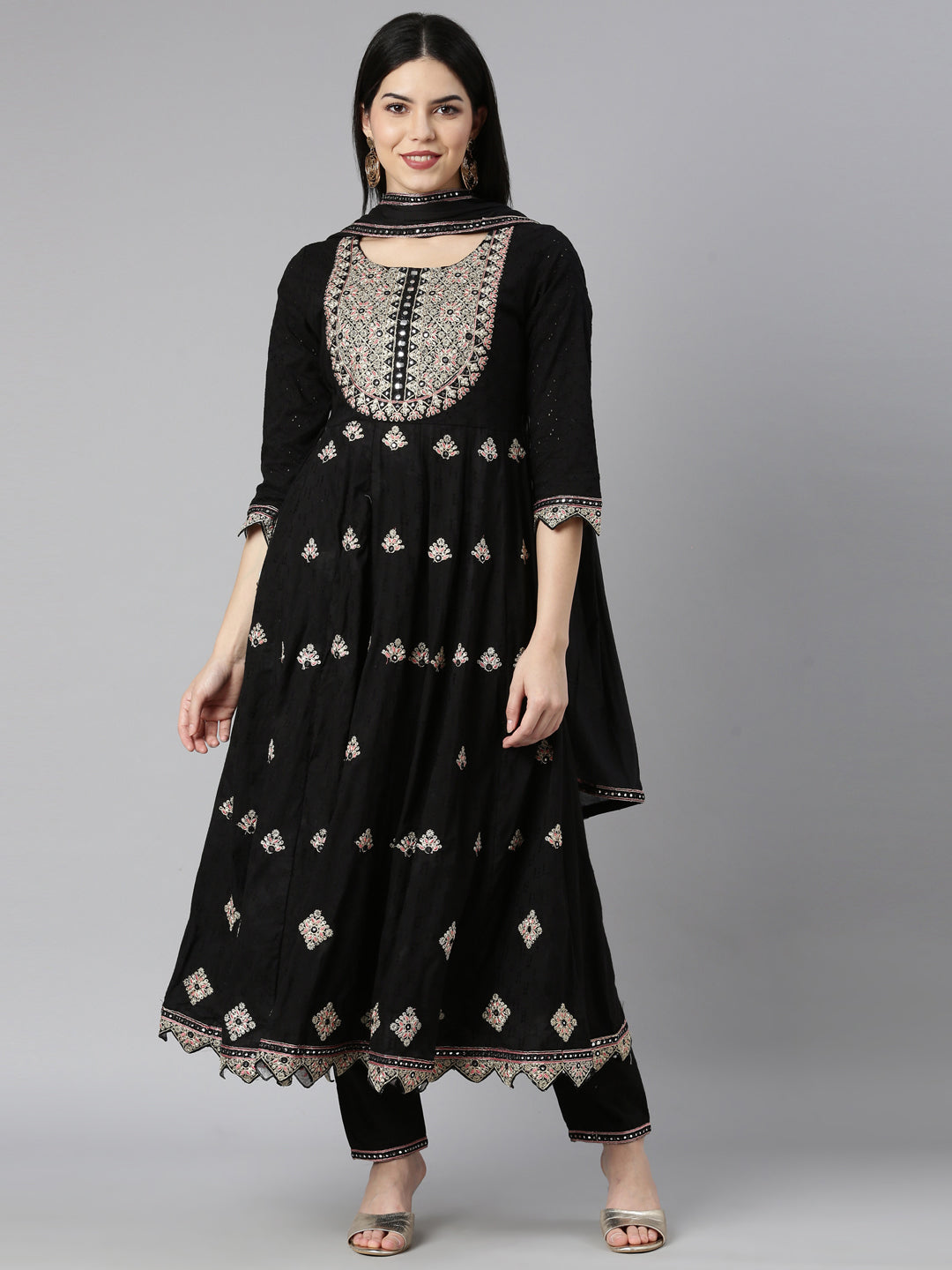 Neerus Black cotton printed kurta set with trouser and dupatta - front view