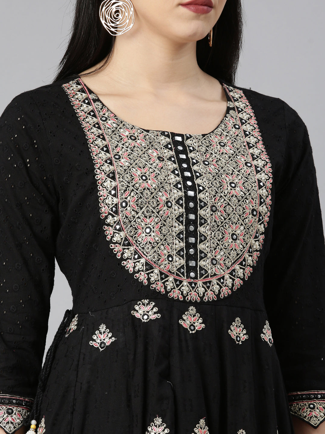 Neerus Black cotton printed kurta set with trouser and dupatta - detail view 1
