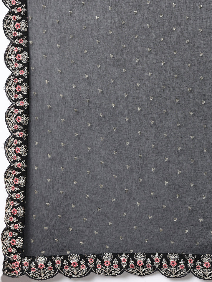 Neerus Black printed ethnic suit set flared kurta with trouser and dupatta - detail view 4