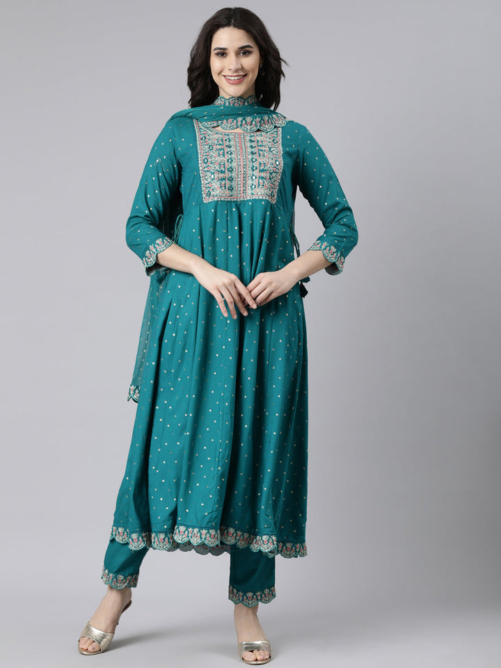 Neerus Green printed flared suit set with dupatta - front view