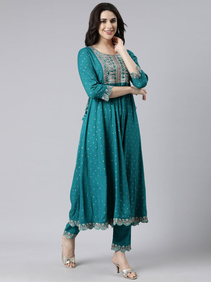 Neerus Green printed flared suit set with dupatta - back view