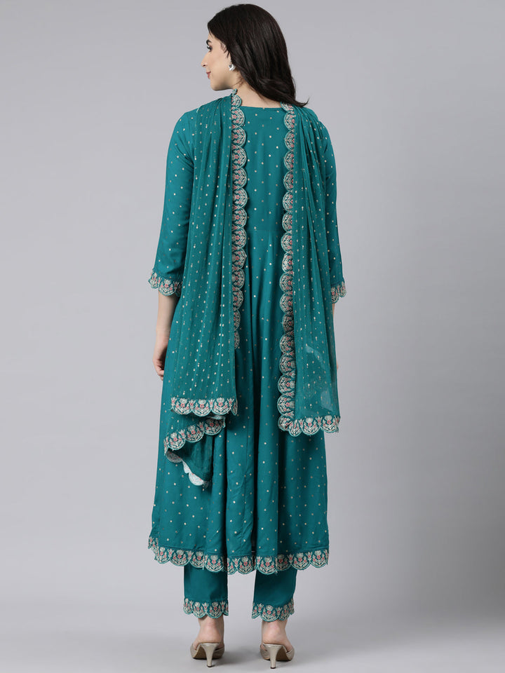 Neerus Green printed flared suit set with dupatta - side view