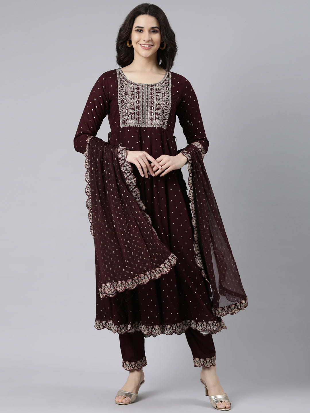 Neerus Purple printed ethnic flared suit set - front view