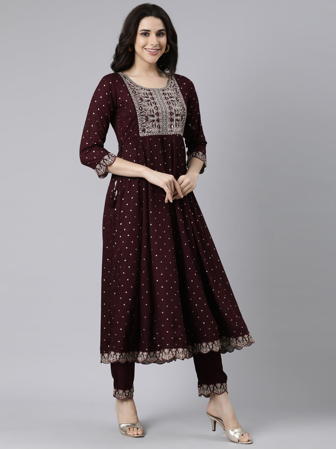 Neerus Purple printed ethnic flared suit set - back view