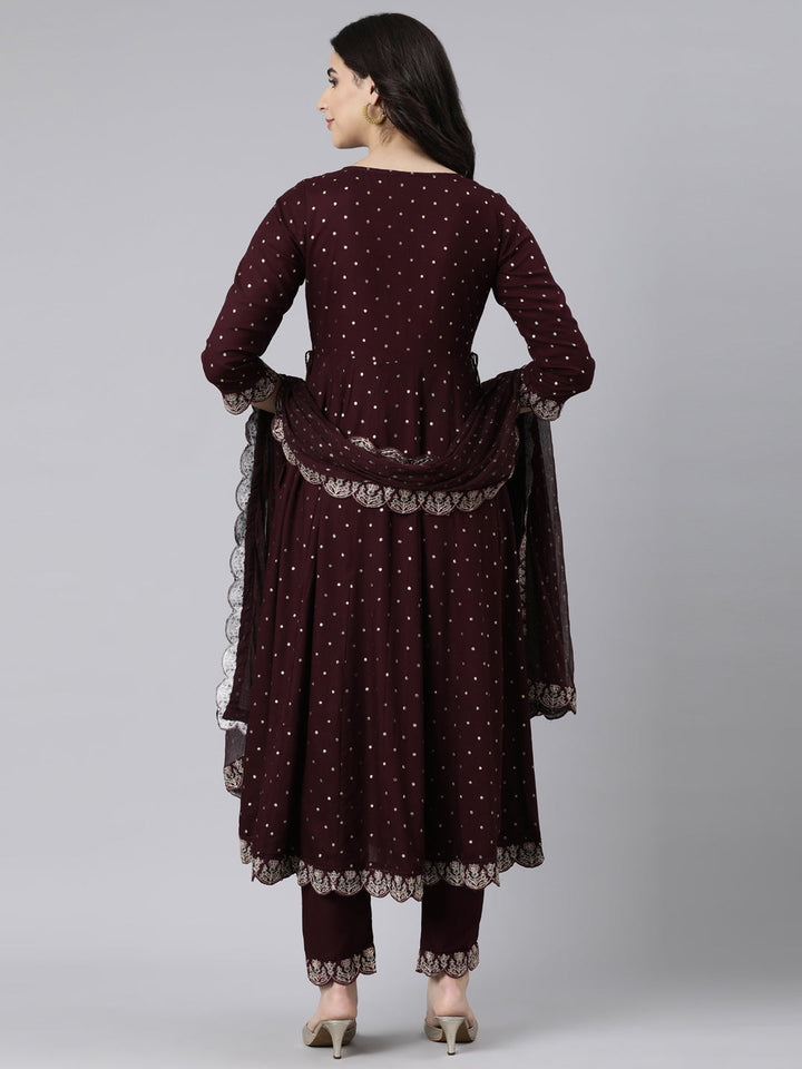 Neerus Purple printed ethnic flared suit set - side view