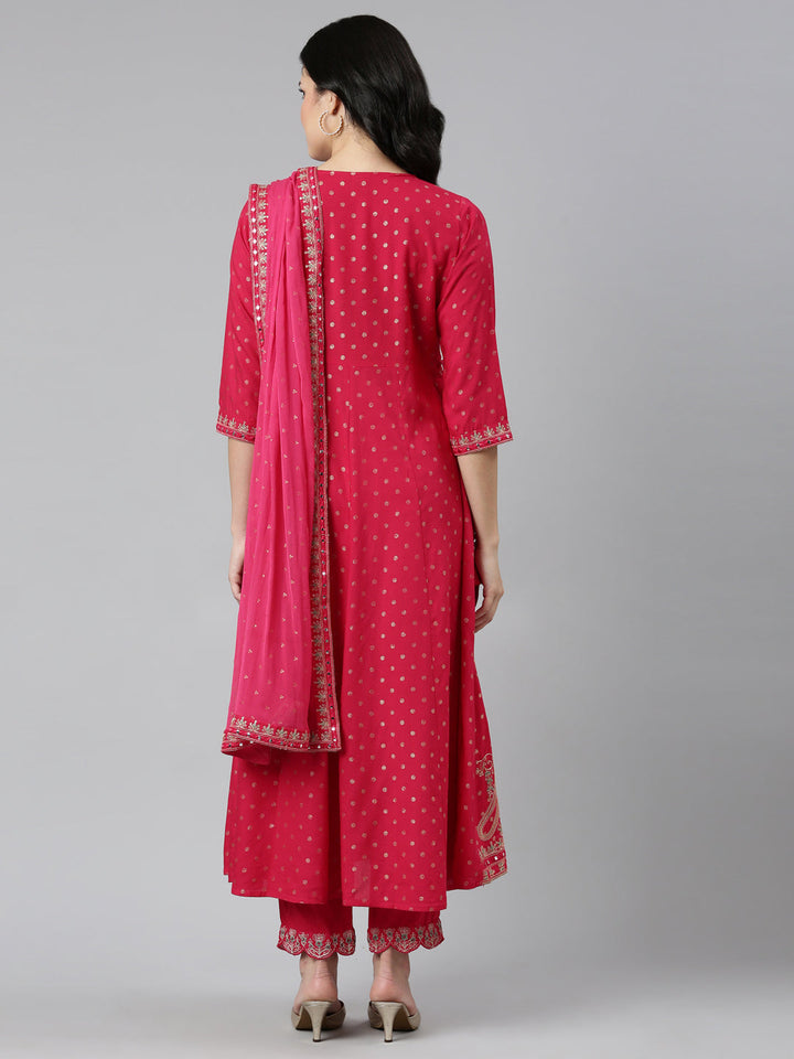 Neerus Pink embroidered straight kurta set with trouser and dupatta - side view