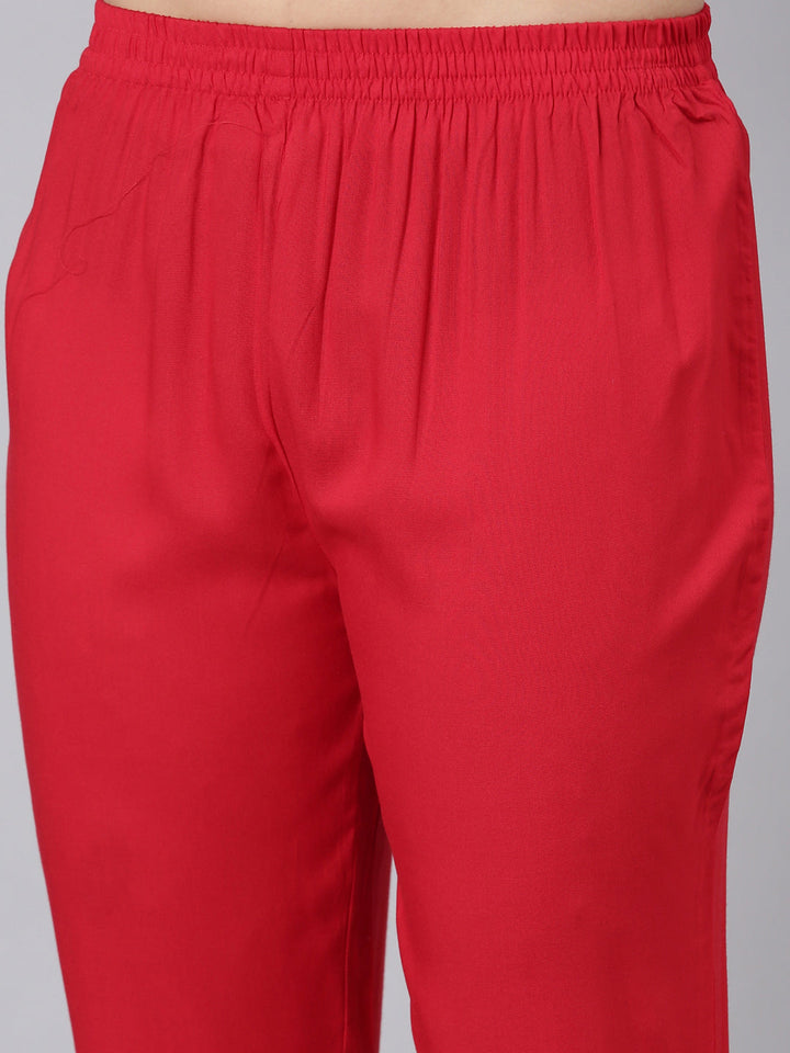 Neerus Red printed ethnic suit set straight kurta with trouser and dupatta - detail view 3