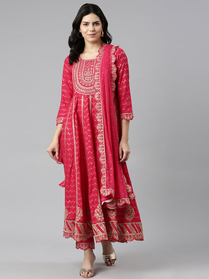 Neerus Pink printed straight kurta set with trouser and dupatta - detail view 2