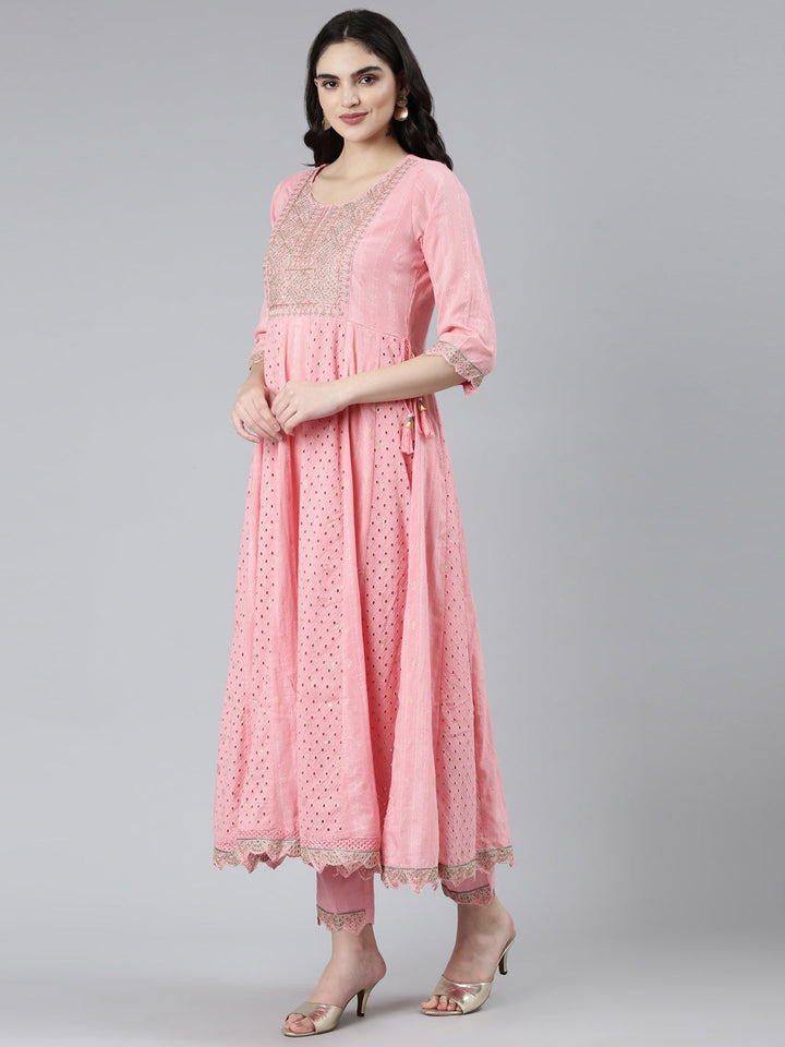 Neerus Pink printed ethnic straight kurta set with trouser and dupatta - back view